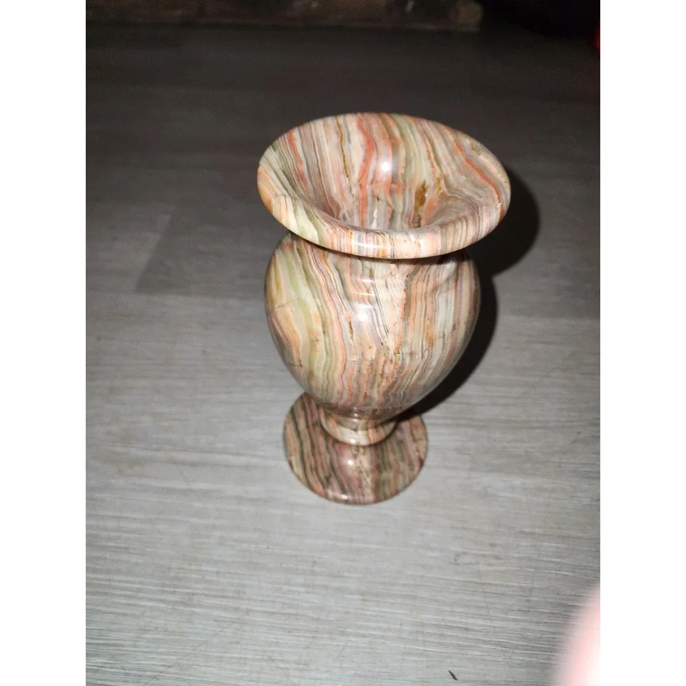 Vintage Hand Carved Polished Onyx Stone Vase Banded Pink Green Cream 5.25 Inch